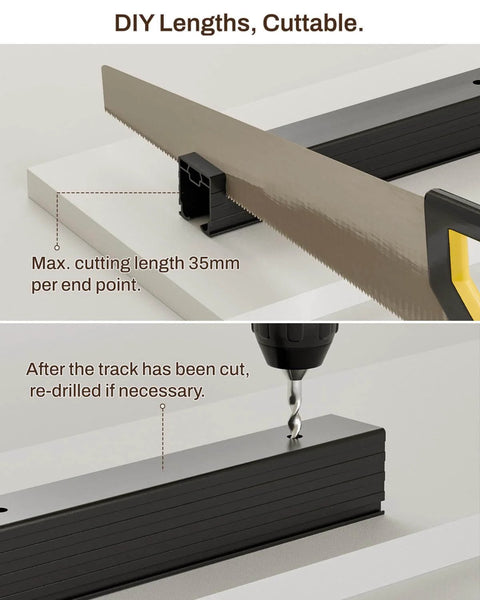 Box Rail Hardware For Bifold Sliding Barn Doors, Ceiling Mount Aluminum Alloy Track Kit showing cutting and drilling process