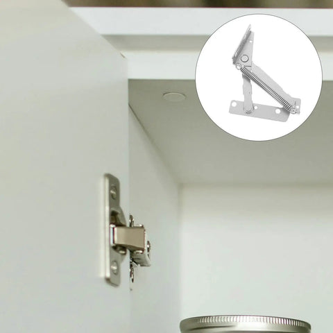 Heavy Duty 80 Degree Spring Hinges for Cabinets and Sofas, installed in kitchen cabinet with close-up inset view, 2 pack