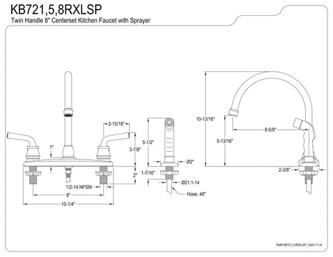 Diagram of Old School Restoration Style 8-Inch Centerset Kitchen Faucet With Side Sprayer In Brushed Nickel