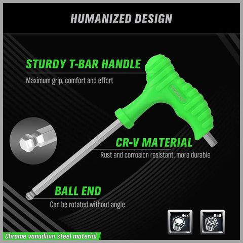 Long Arm T Handle Allen Wrench Set Built Tough With Ball End Hex Keys for Metric and SAE Sizes, ergonomic green TPR grip handle