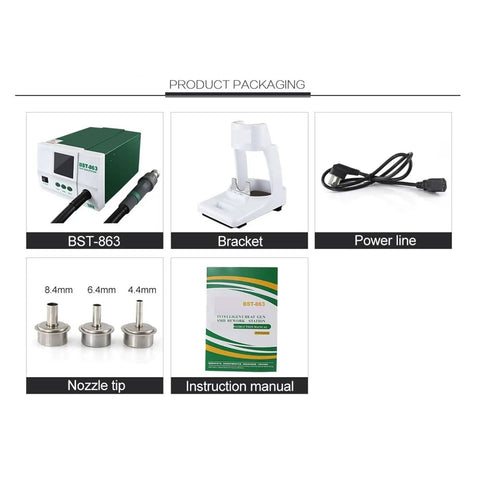 Product packaging of Hot Air Rework Soldering Station With Touch Screen LCD 1200W including BST-863, bracket, power line, nozzle tips, manual
