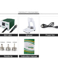 Lead Free Hot Air Soldering Station With Touch Screen LCD 1200W Power Pro Grade Multi Channel Memory For Phone CPU PCB Repairs Precise Temperature And Air Control With Stand product packaging showing station, bracket, power line, nozzles, instruction manual.