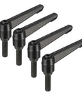 M10 30mm Adjustable Clamping Lever Handle With Push Button Locking Ratchet And Threaded Male Stud Knobs In Black Finish, Set of 4