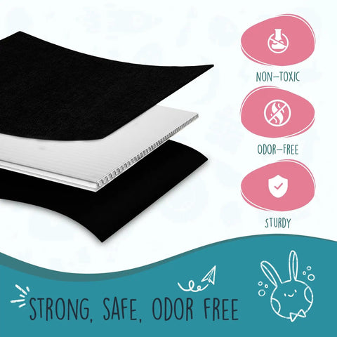 Material layers of Gigantic Extra Large Toy Storage Organizer with non-toxic, odor-free, sturdy labels for kids rooms.
