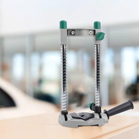 Adjustable Electric Drill Stand With 45 Degree Angle Drill Guide Holder, aluminum base, for woodworking, vertical position.