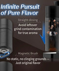 Premium Electric Burr Coffee Grinder Featuring 53mm Stainless Steel Conical Burrs For On Point Single Dose Control Bangin Espresso And Hella Smooth Brew Game with magnetic brush feature.
