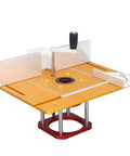 Rock Solid Router Lift System With Smooth Crank Dial Hella Sturdy Aluminum Base Precision Insert Plate Miter Fence And Alignment Ruler For Knockout Woodworking Builds on workbench with height adjustment features.
