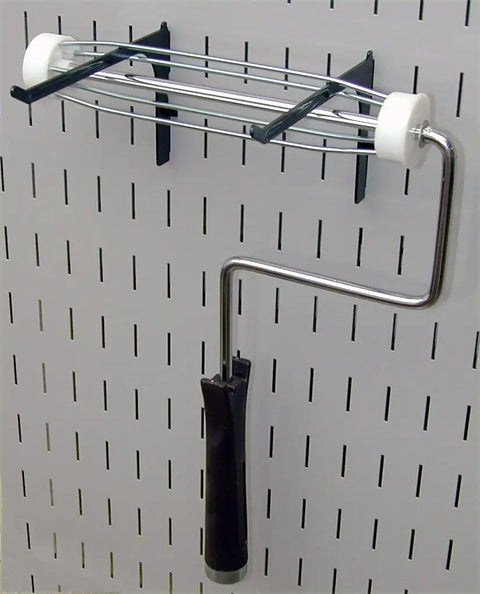 6 Inch Reach Extended Hook Pair for slotted metal pegboard hooks and slotted tool boards black heavy duty hooks holding a paint roller