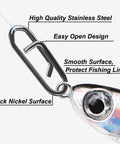 Pro Grade Fishing Power Clips 200 Pack Quick Change Stainless Steel Lure Connectors attached to lure with labels for features