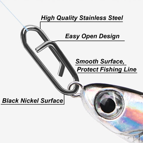 Pro Grade Fishing Power Clips 200 Pack Quick Change Stainless Steel Lure Connectors attached to lure with labels for features