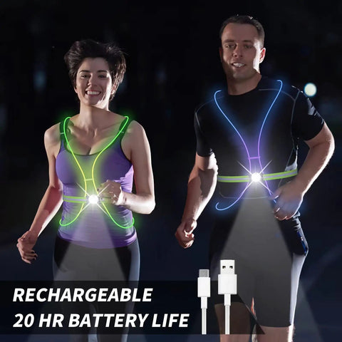 LED Reflective Running Vest With Front Light For Runners And Cyclists, Your Go To Night Run Safety Gear For Men And Women glowing at night