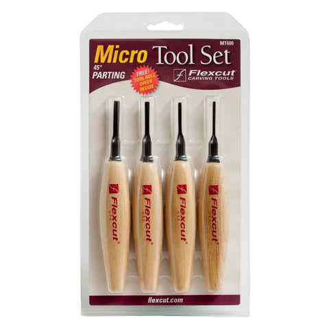 45 Degree Parting Micro Wood Carving Set, 6-Piece MT600, 1095 High Carbon Steel Blades with Ash Hardwood Handles in packaging