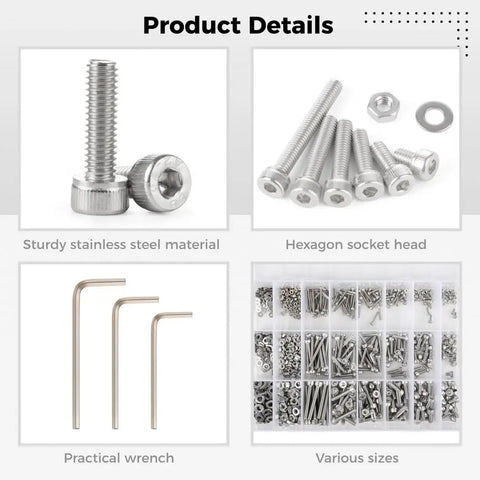 All In One Hex Screws Nuts Washers Kit 1080 Piece Set M2 M3 M4 Stainless Steel With 3 Wrenches For Home Repairs Woodworking And DIY Projects Great For Home Maintenance And Quick Fixes, assorted sizes