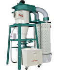 Heavy Duty 10 Horsepower 3 Phase Cyclone Dust Collector With 4029 CFM Suction And Dual Collection Drums in workshop setting.