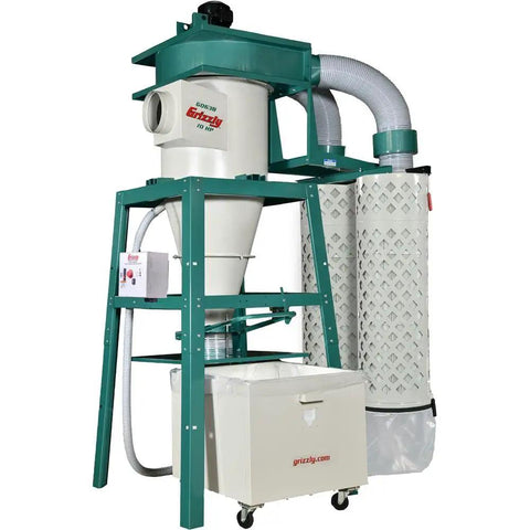 Heavy Duty 10 Horsepower 3 Phase Cyclone Dust Collector With 4029 CFM Suction And Dual Collection Drums in workshop setting.