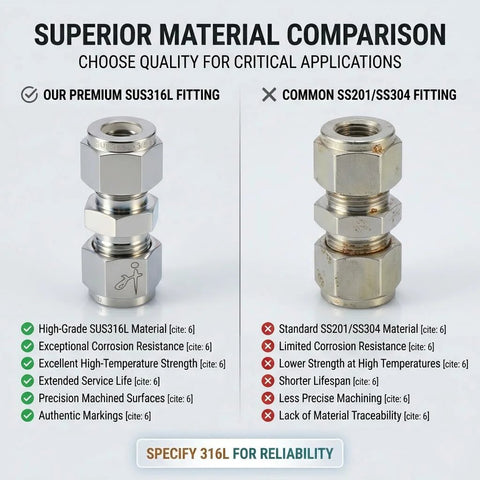 Two 8mm OD stainless steel compression tube fittings; SUS316L premium left vs SS201/SS304 right.