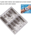 Pro Level Stainless Steel Crosshead Screws For Watch Case Back Repair With Several Precision Sizes Arranged Inside A Secure Labeled Storage Bin Silver Edition in clear container.
