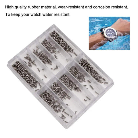 Pro Level Stainless Steel Crosshead Screws For Watch Case Back Repair With Several Precision Sizes Arranged Inside A Secure Labeled Storage Bin Silver Edition in clear container.