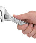 Hand holding 8 Inch Adjustable Wrench With Drop Forged Carbon Steel Construction Satin Chrome Finish Precision Slide Jaw And Worm Gear