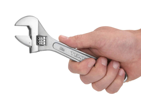 Hand holding 8 Inch Adjustable Wrench With Drop Forged Carbon Steel Construction Satin Chrome Finish Precision Slide Jaw And Worm Gear