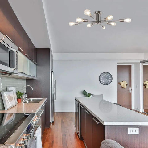 Brushed Nickel Sputnik Semi Flush Mount Ceiling Light Fixture With Eight Arms Gives Off A Sweet Layered Glow in modern kitchen