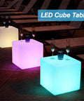 Colorful LED cubes glowing beside pool, showcasing 16-Inch Cordless LED Cube Light With Removable Panels, RGB 16 Color Kids Stool