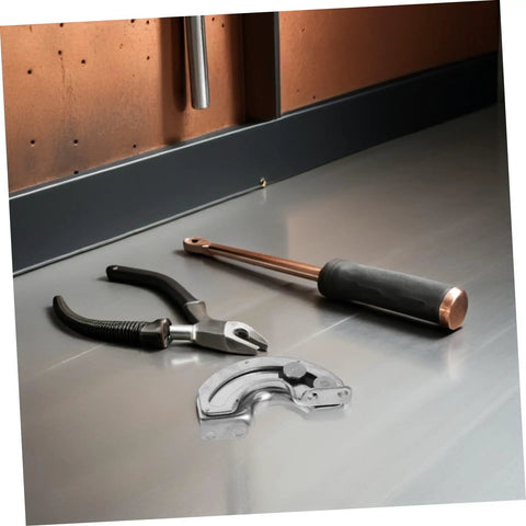 Heavy Duty Stainless Steel Curved Concealed Cabinet Hinges Pair With 90 Degree Limit Stopper For Smooth Door Swing and Rock Solid Cabinet Setups No Sweat Assembly with tools on light surface.