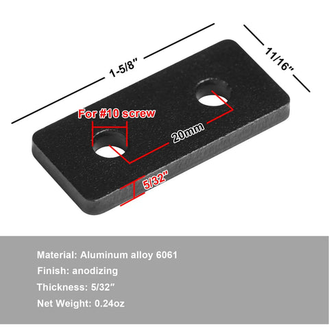 Flat Joining Plates For 2020 T Slot Aluminum Profile 20x20mm And 20x40mm 2 Hole Straight Plate Black Finish 10 Pack shown with measurements