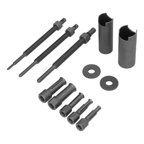Heavy Duty Inner Bearing Extractor Set Motorcycle Bearing Puller Tool Kit Ten Piece Steel Removal Parts Fits Bike Flywheel Sleeve Bearings 9mm To 23mm Threaded Handle Grips Smoothly Without Damage In Tight Spaces Great For Pros Save Big Dough. ten-piece steel set laid out