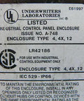 Label on Heavy Duty Type 4X Industrial Control Panel Enclosure 12 Inch Depth Weatherproof Electrical Cabinet Built For Rough Industrial Jobs