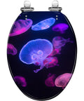 Elongated Toilet Seat Resin Quiet Close for Bathroom with a vibrant jellyfish design in blue and pink hues.