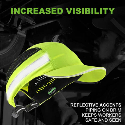 Unisex Lightweight Bump Cap Safety Hat With Reflective Stripes Breathable Baseball Cap Style Hard Hat For Adults ABS Insert Airflow Design All Day Workwear EN 812 Compliant One Size Fits Most, shown in use by worker.