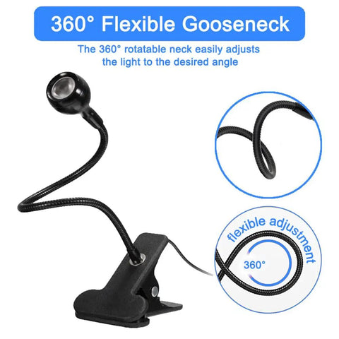 Super Bright 3W Uv Led Desk Lamp With Flexible Gooseneck Clamp Mini Portable Light for 360° positioning, black clamp base