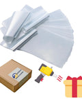8X12 Inch Odorless Heat Shrink Wrap Bags 500 Count With Vents Hella Thick 100 Gauge PVC Film Micro Perforated Design stacked and ready for sealing.