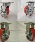 Heavy Duty Caster Set Featuring 5 Inch Polyurethane Wheels On Steel Core Kingpinless Swivel With Top Lock Brake Plus Two Rigid Mounts - Side and top views of caster.