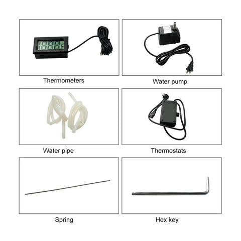 Thermometers, water pump, water pipe, thermostats, spring, and hex key for 60cm Acrylic Bending Machine with Hella Precise Temp Control and Water Cooling System for Hot Shaping Plastic Sheets over 6mm Thick Portable PVC Heater with Angle Regulator Ensures Sweet Finishes Compact Heavy Duty Gear.
