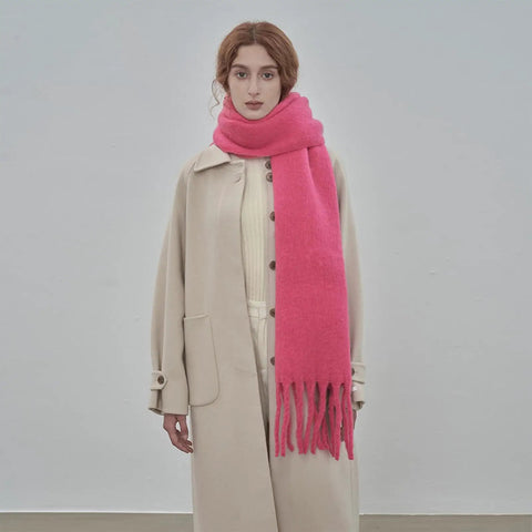 Woman wearing Cozy Large Blanket Wrap Shawl For Women, Soft Thick Knit Scarf Neck Warmer, 86x16 inch, Luo Orange Green