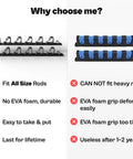 Comparison of wall and ceiling mount fishing rod rack with rubber band clamp technology and competing product.