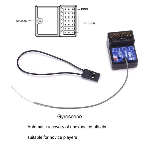 Ultra Lightweight 2.4Ghz 6CH AFHDS2 Receiver For RC Cars And Boats, showing diagram and wiring, with gyroscope details.