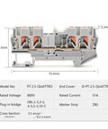 10-Piece Four-Wire Terminal Block Set With 2.5mm2 Spring Clamp DIN Rail Mount Rugged Flame-Retardant Housing High-Current Vibration-Resistant Electrical Connections For Durable Industrial Panel Wiring. Close-up view of terminal block with dimensions.