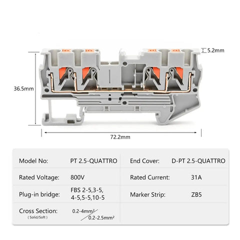 10-Piece Four-Wire Terminal Block Set With 2.5mm2 Spring Clamp DIN Rail Mount Rugged Flame-Retardant Housing High-Current Vibration-Resistant Electrical Connections For Durable Industrial Panel Wiring. Close-up view of terminal block with dimensions.