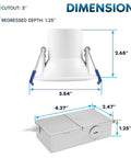 Dimensions of Top Shelf 3 Inch Led Recessed Ceiling Lights With Junction Box, showing cutout and regressed depth details.