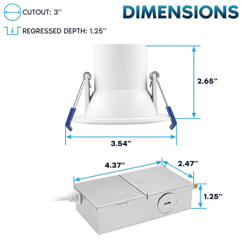 Dimensions of Top Shelf 3 Inch Led Recessed Ceiling Lights With Junction Box, showing cutout and regressed depth details.