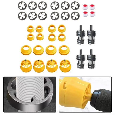 Workhorse Alloy Steel Pipe Threader For Internal Or External Cuts Fits Pvc Ppr Mpp Pipes Electric Drill Compatible No Nonsense Plumbing Kit with various components.