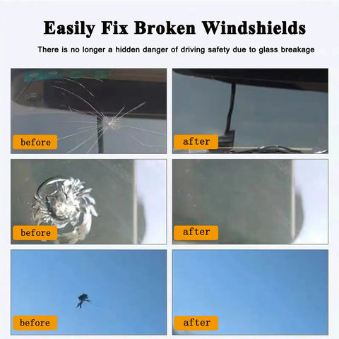 Windshield Repair Kit With Glass Repair Fluid 4 Piece Set For Chips And Cracks Quick Fix No Hassle Star Shaped Cracks Car Glass Repair Equipment For DIY Home Garage Use Easy To Apply visible, showing before and after repair results on a car windshield