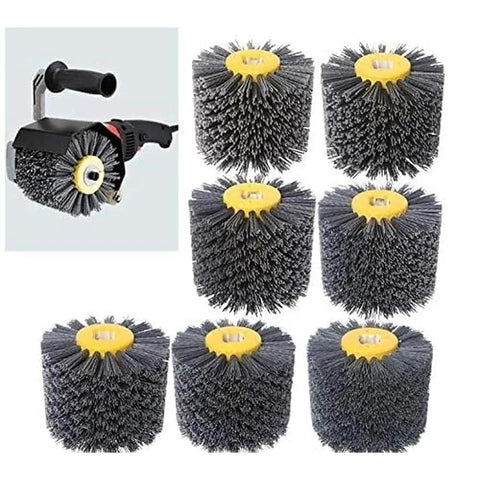 Heavy Duty Pro Grade Abrasive Wire Drawing Wheel Drum Burnishing Polishing Brush For Woodworking Furniture And Floor Refinishing 120x100mm 180 Grit 1 Pack Ideal For DIY Pros showing multiple brushes and a tool.