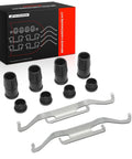 Premium Front Disc Brake Hardware Kit For Fiat 500L And Ram ProMaster City With Super Durability Components To Upgrade Your Ride Fast And Nailed It Right., black brake hardware kit with clips, sleeves and springs on white background