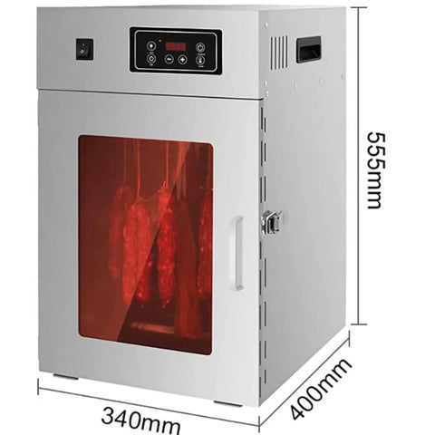Real Deal Commercial Food Dehydrator Featuring A Durable Rotary Drum And Hella Simple Digital Timer For Making Tender Jerky Sweet Dried Fruit Flavorful Sausages And Garden Produce 7 Kilogram Capacity with timer and side view.