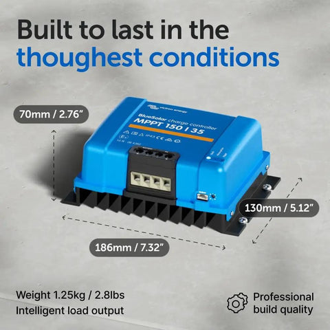 BlueSolar MPPT Solar Charge Controller For Panels And Batteries, 150V 35A, compact blue unit showing dimensions and specs