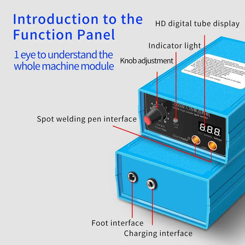 Beast 5000W Battery Spot Welder With 10 Level Power Adjustment function panel showing indicators and interfaces.